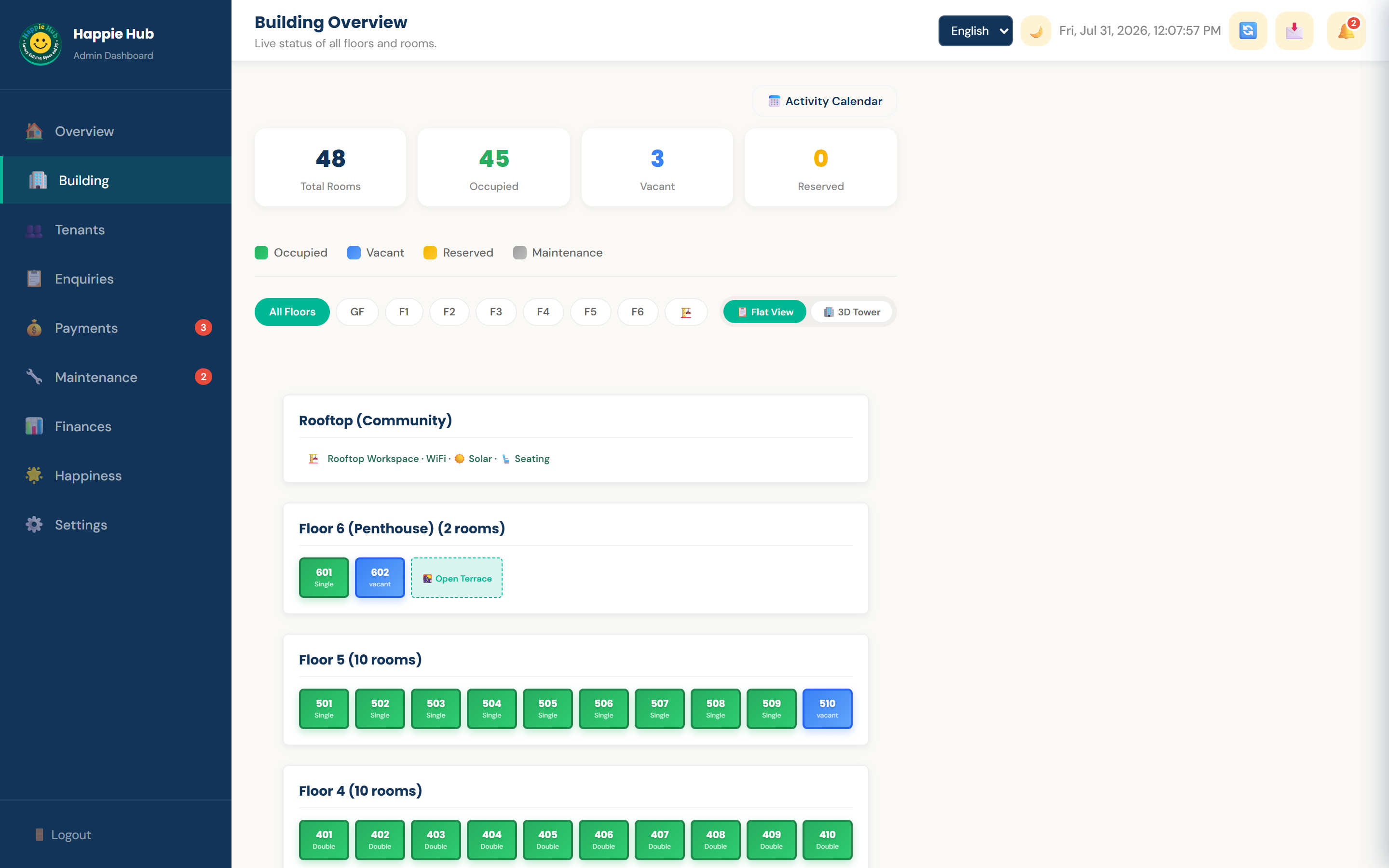 Dashboard — live room map