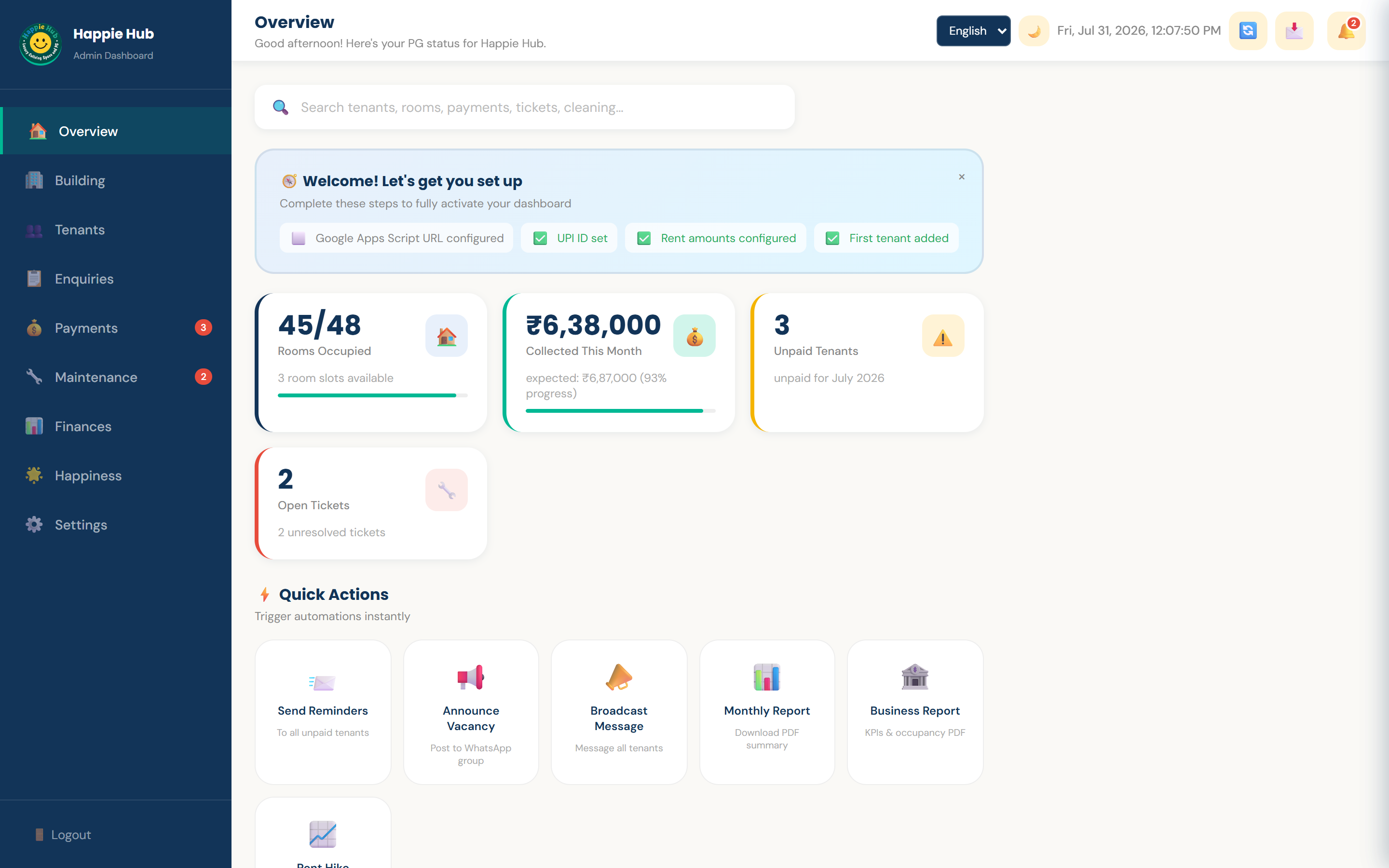 Dashboard overview — 45/48 rooms, ₹6.38L collected