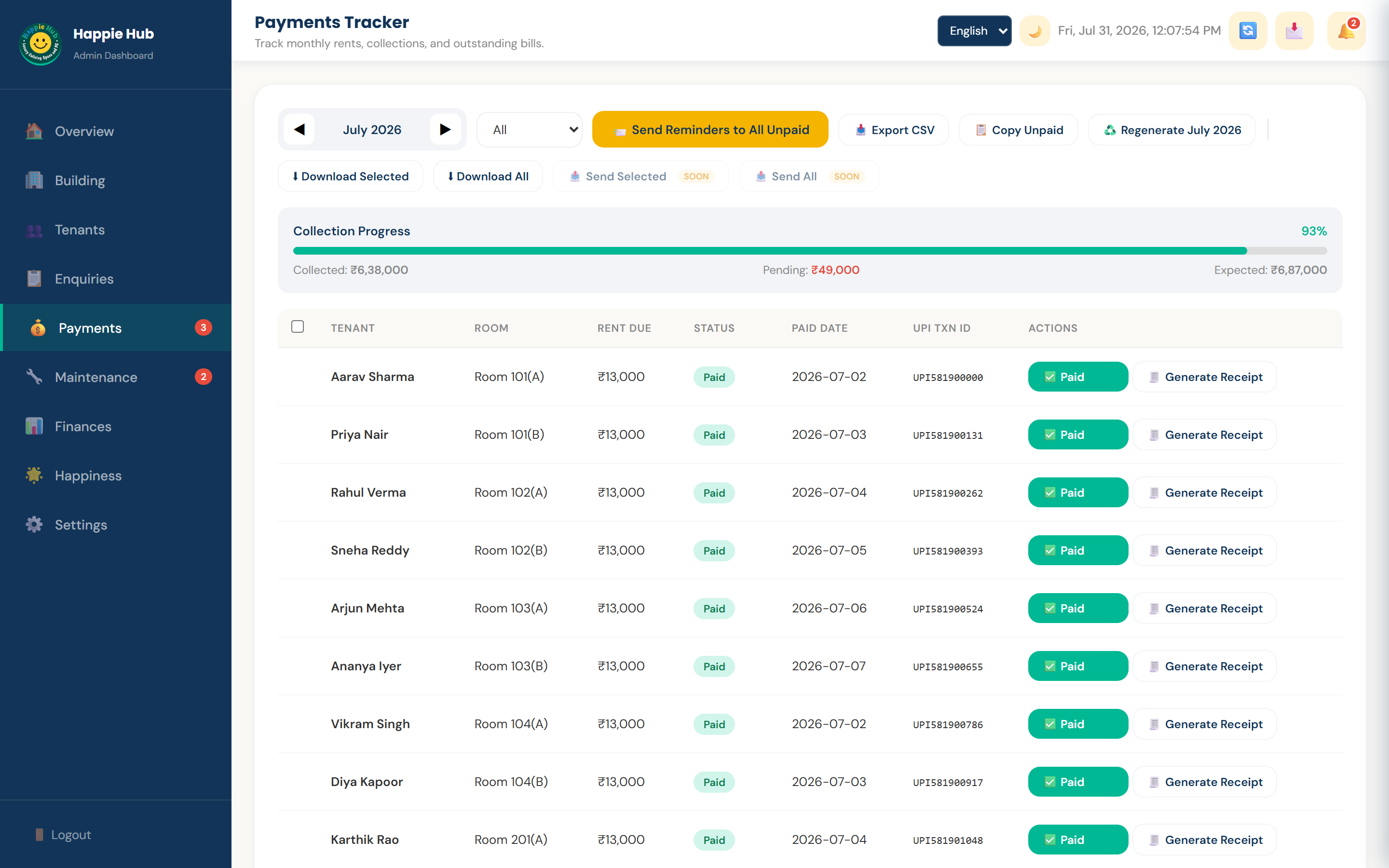 Dashboard — payments tracker