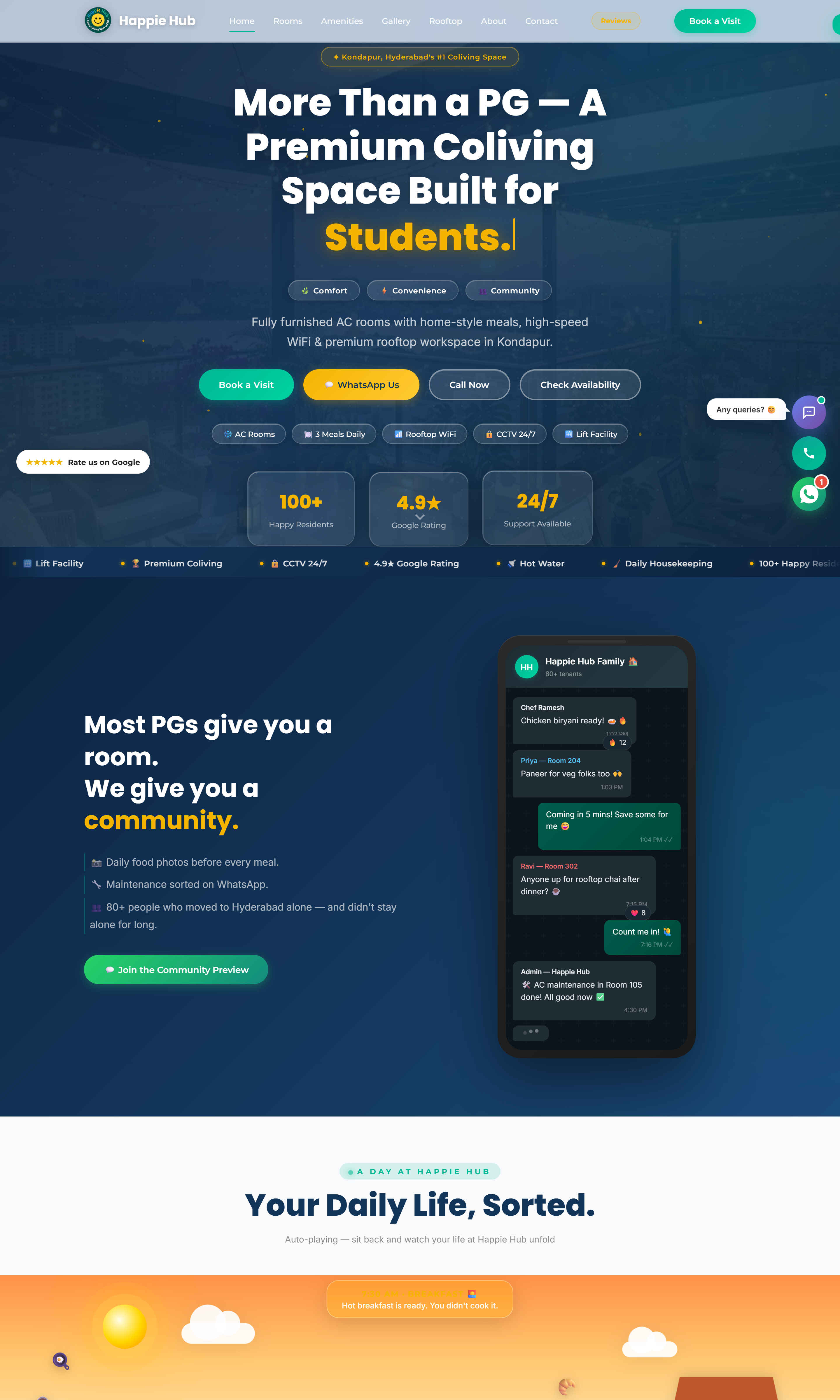 A real PG website — hero, rooms and community, scrolling inside the frame